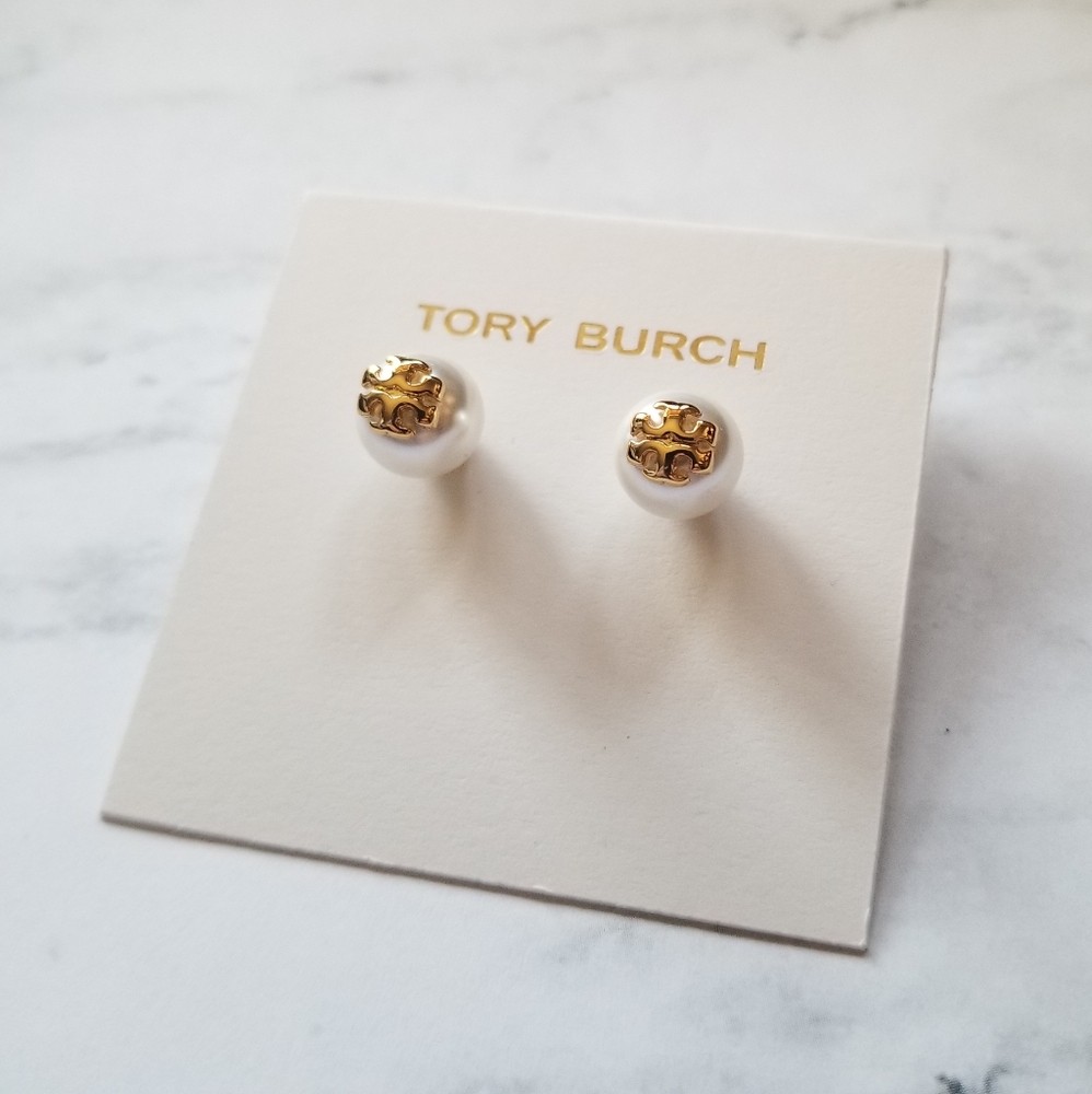 Tory Burch Pearl Gold Logo Stud Earrings
